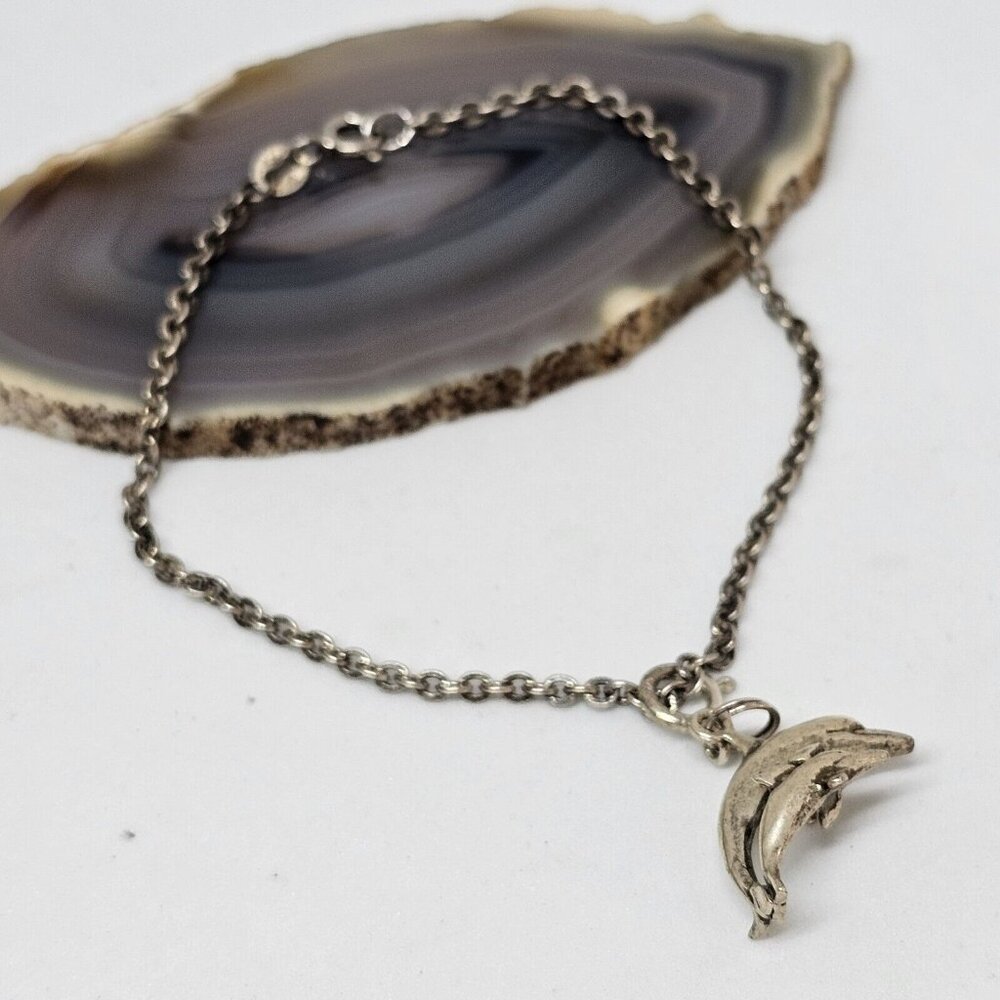 MJ-10 Mexico 925 Sterling Silver - Chain Bracelet Dolphins Charm 6.5"